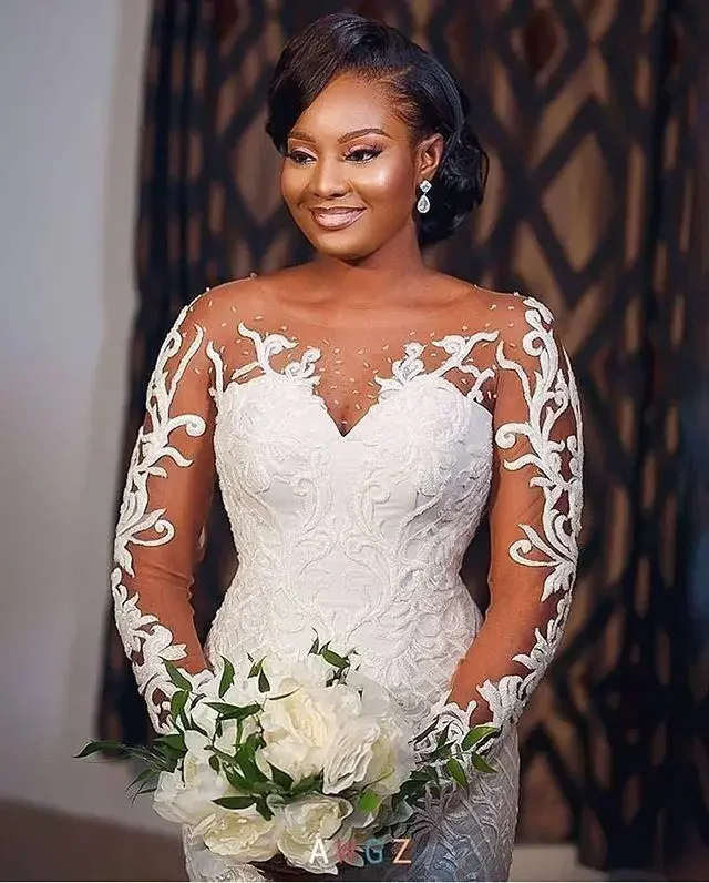 Angepasst Langarm Meerjungfrau Brautkleider Sheer Neck Spitze Applique Outdoor Afrikanische Trompete Braut Hochzeit Vestido De Noiva