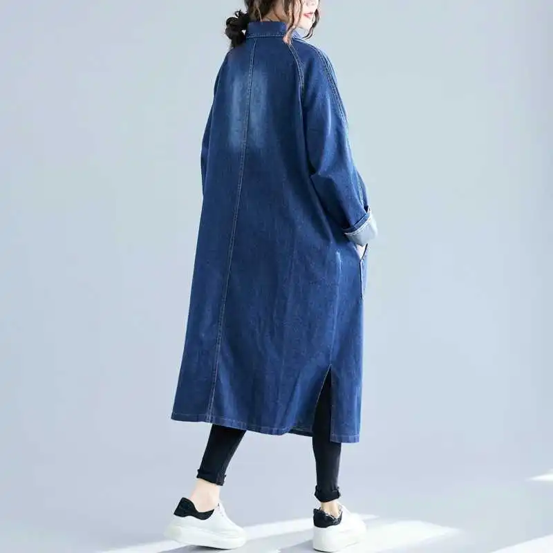 Giacca di jeans con tasca grande stile coreano 2025 Primavera Autunno Abbigliamento da ufficio Trench di media lunghezza a maniche lunghe aderente e aderente