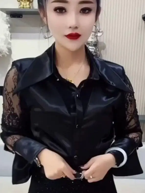 

Женская приталенная блузка с кружевными вставками и длинным рукавом, с острым воротником, осенне-зимняя, новая модель, однотонная, на пуговицах, для офиса