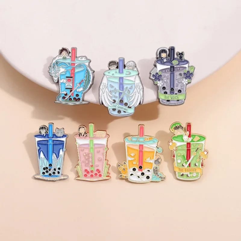 milk tea bottles amine enamel Pins Brooches Decoration label jewelry Badges For bag Clothes Backpack accessories DIY gift