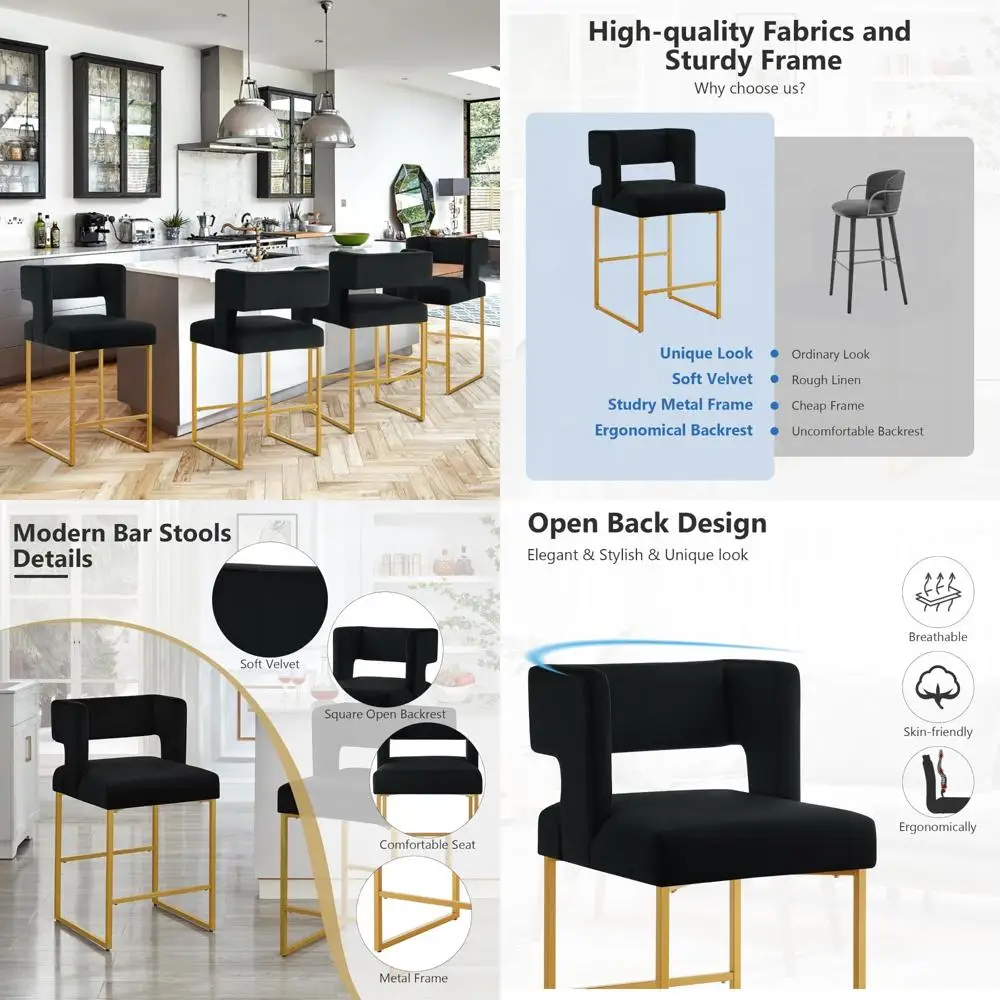 

Набор из 4-х современных бархатных барных стульев с квадратной открытой спинкой и золотым металлическим каркасом для кухни