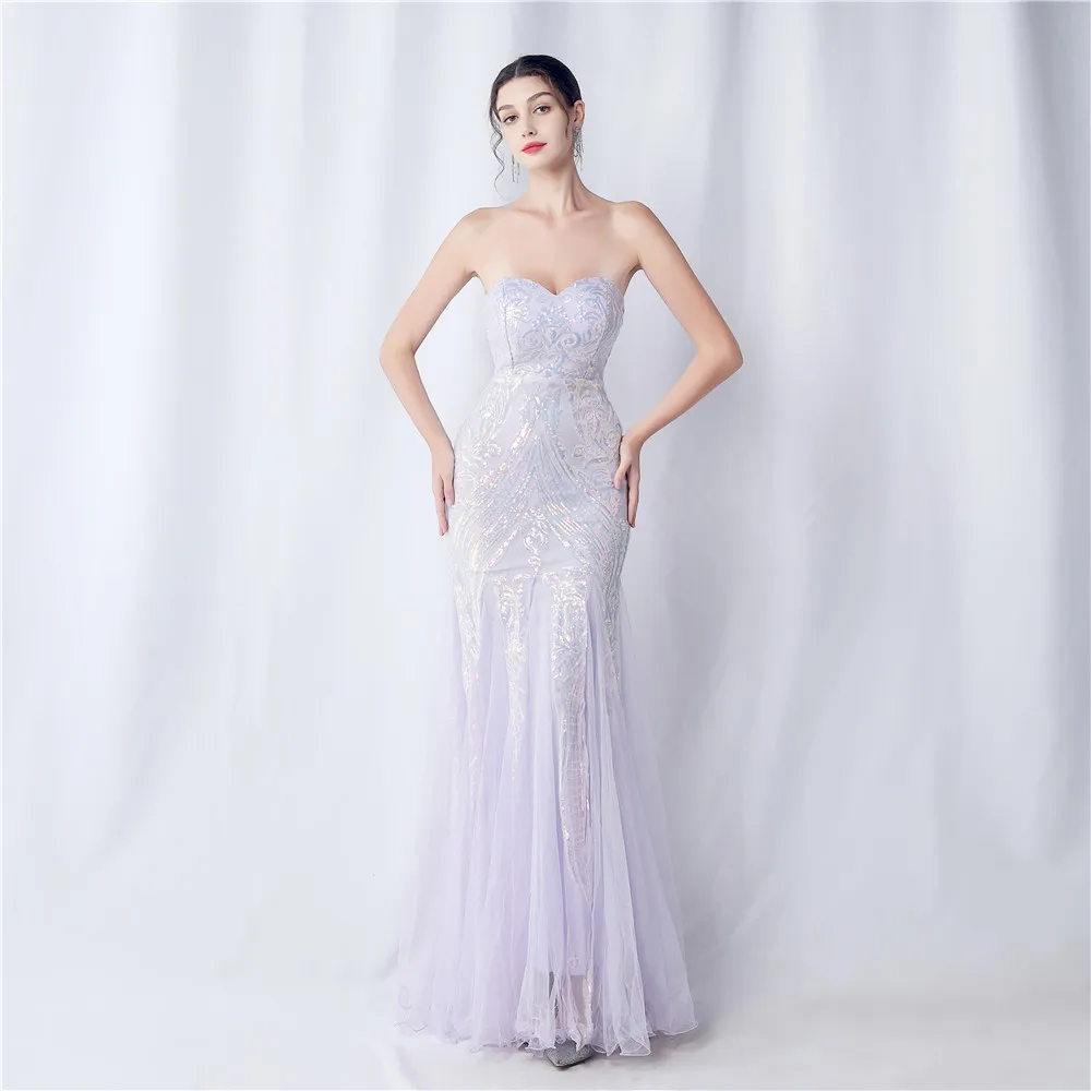 Sladuo Evening Sequins Mesh Maxi Women's Dress Sexy Strapless Ruffles Long Mermaid Celebrity Night Club Party Dresses Vestidos