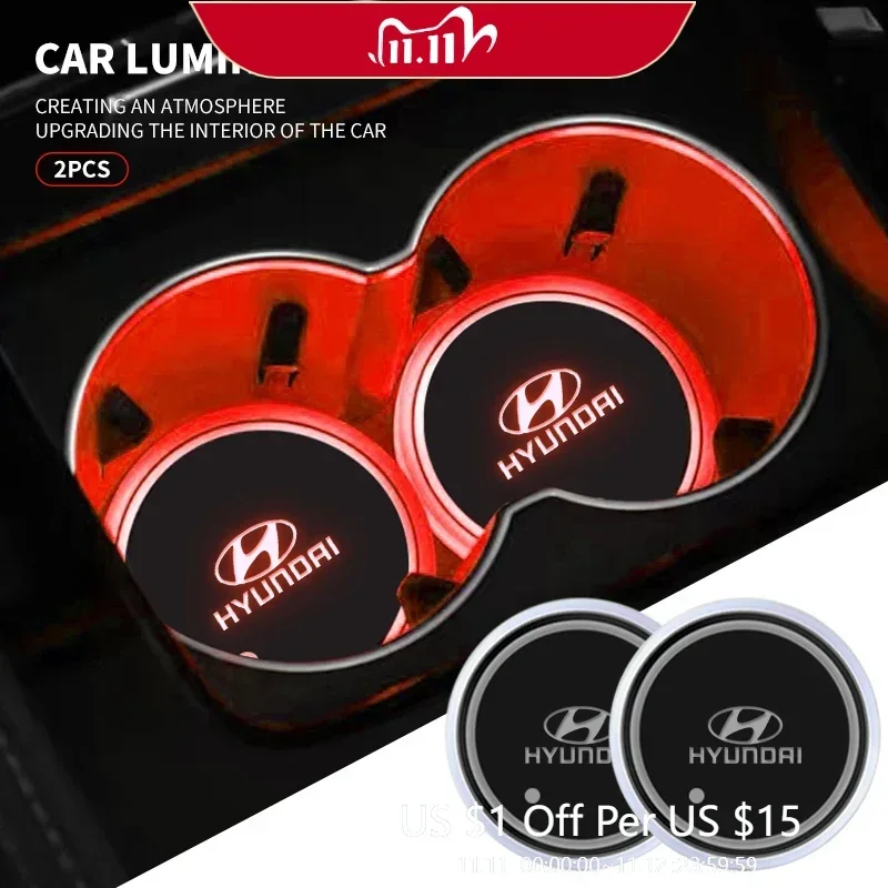 Alfombrilla de luz LED RGB universal y colorida para portavasos de coche, para Hyundai Tucson, Accent, Elantra, Santa Fe, Sonata, I20, I30, I40, ix25, ix35