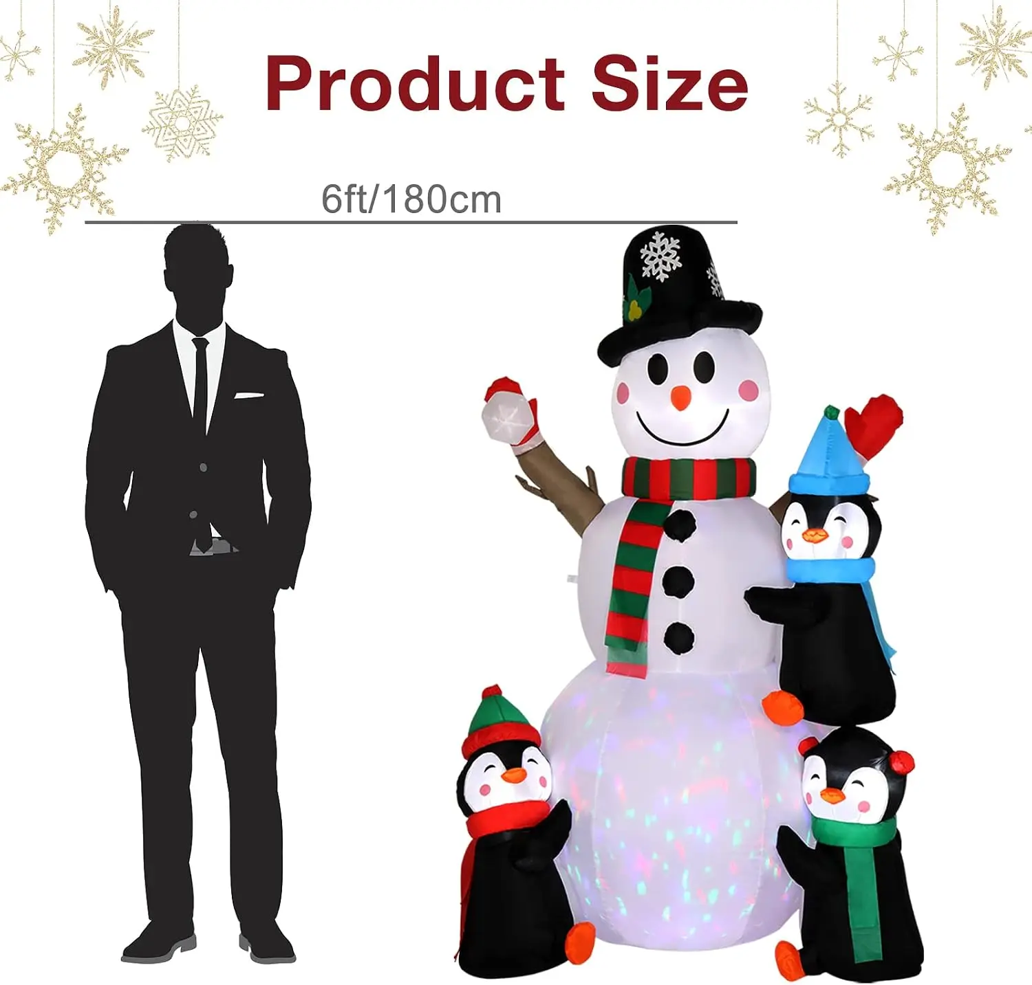 6 FT Christmas Inflatable Snowman with Three Penguins, Outdoor Holiday Yard Decoration