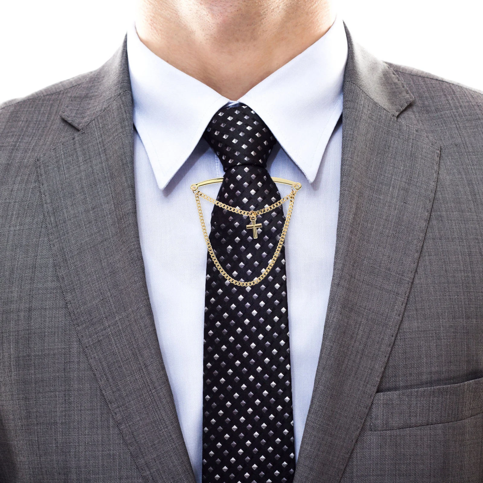 

2Pcs Tie Clip Strong Metal Cross Design with Chain for Men Necktie Holder Stylish Accessory for Office and Events