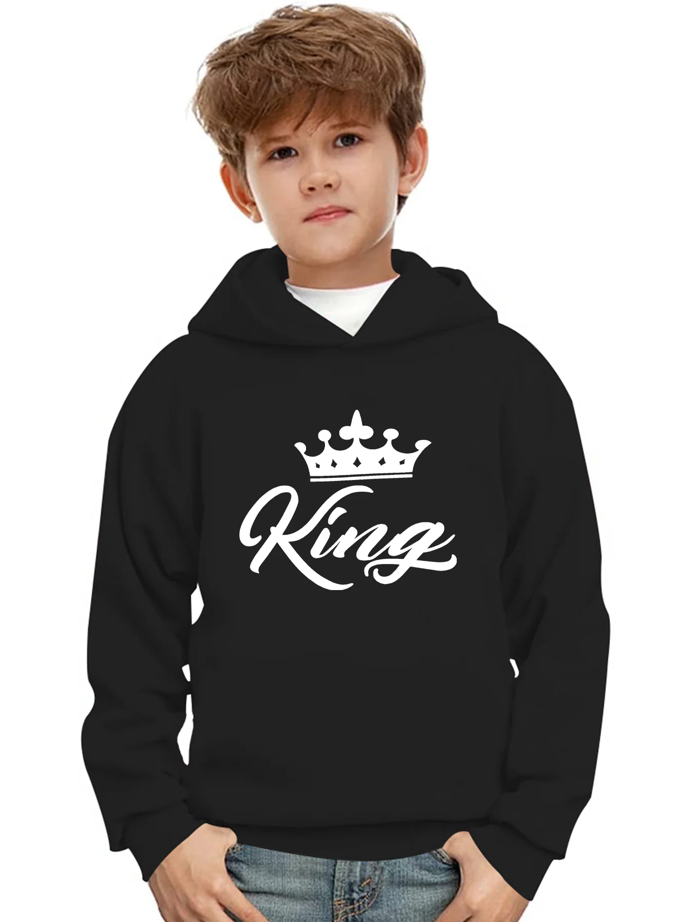 KING Letter Crown Print Hoodies Casual Comfortable Loose Long Sleeve Tops Sweatshirts Kids Cartoon Coat Autumn Winter Clothes