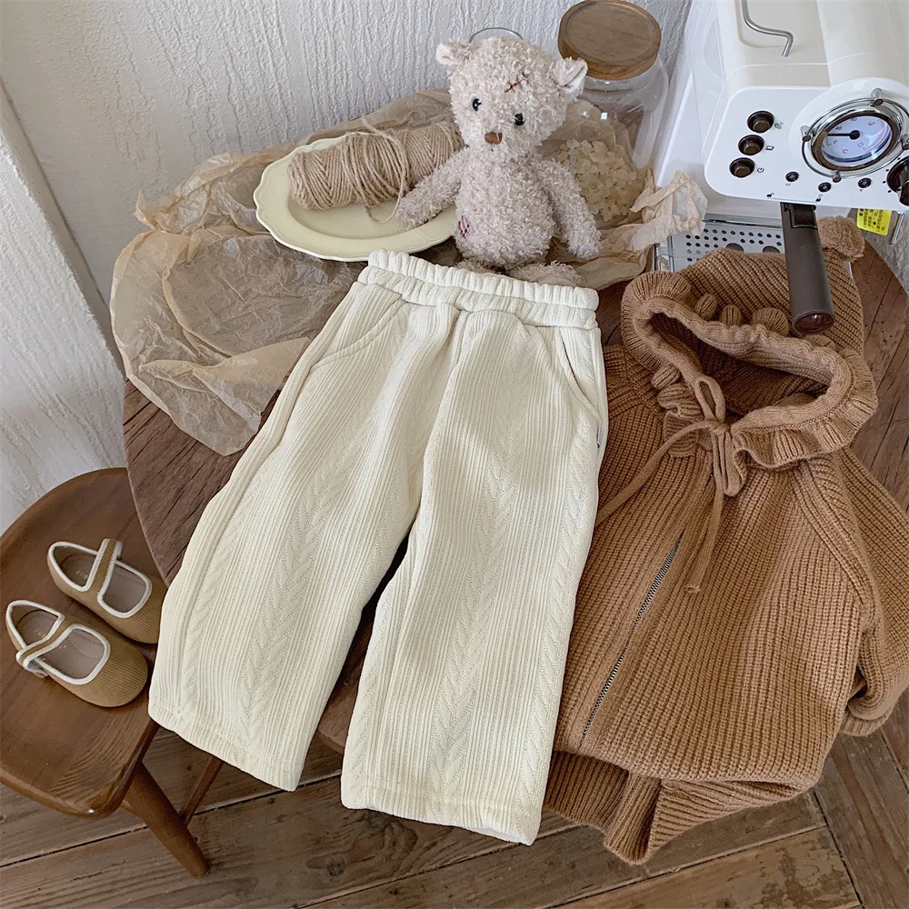 Children\'S Plush Pants Winter New Girl\'s Wheat Ear Embossed Thickened Wide Leg Pants Loose Pants Fashion Warm Cotton Trousers