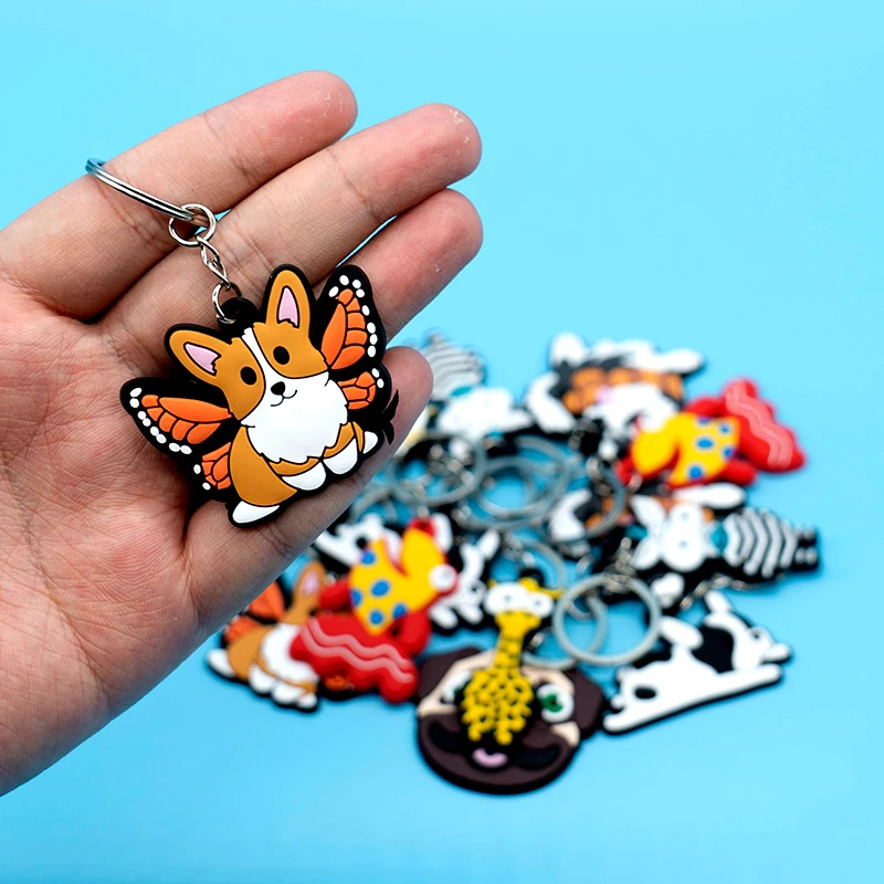 1 PCS PVC Cute Cartoon Key Chain Kawaii Cat Pig Key Ring Lovely dog Key Holder Party Ornament Gift for Kids Souvenir Bag Pendant