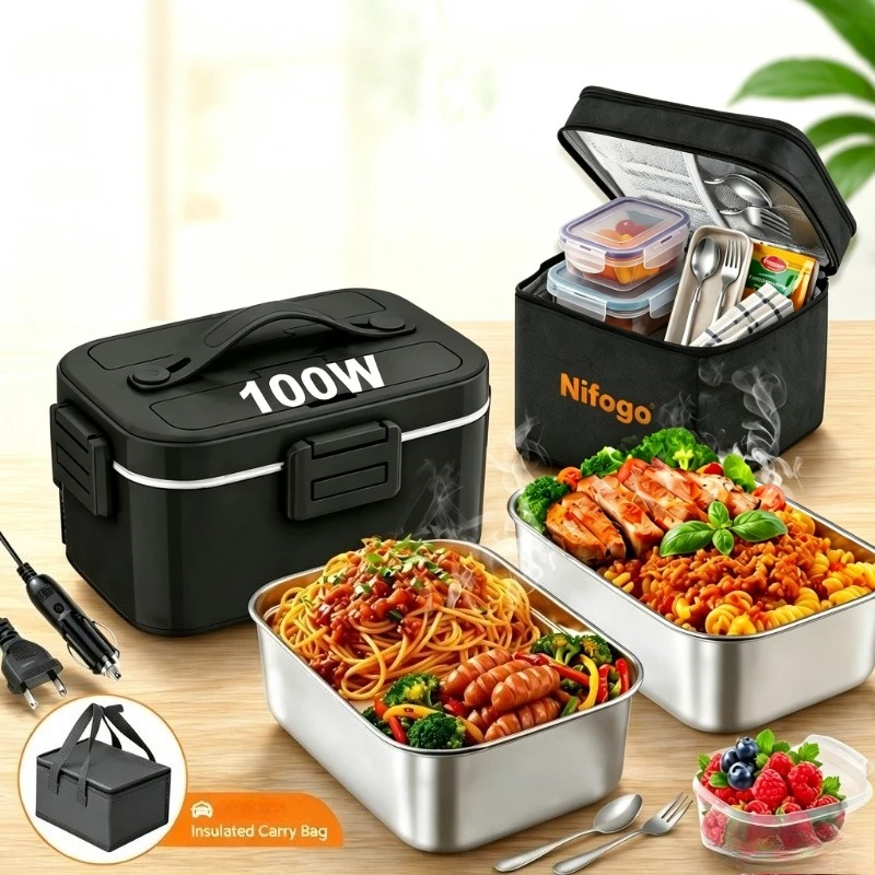 100W Fast Heating Electric Lunch Box,1.5L 304 Stainless‑Steel Food Warmer,12V/24V Car and Home Dual‑Use Portable Heated Bento Box with Insulated Carry Bag for Office Travel