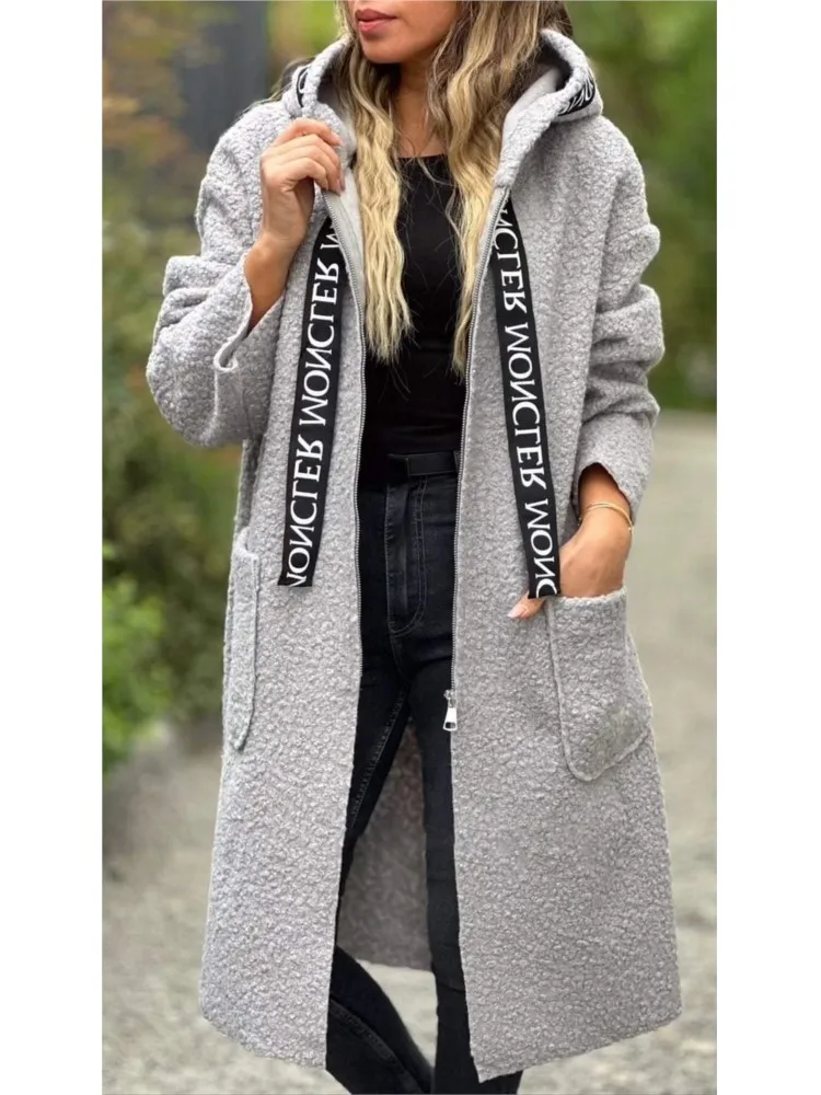 Women\'s Lambswool Hooded Coats Autumn Winter Pocket Zipper Longline Hoodie Daily Solid Casual Long Sleeve Cardigan Trench Coat