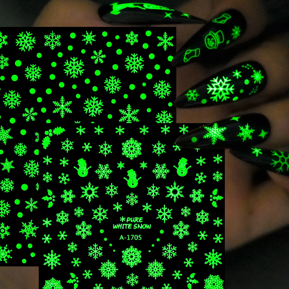 12 Stück leuchtende Weihnachts-Schneeflocken-Nagelaufkleber, Schneemann, Weihnachtsmann, leuchtet im Dunkeln, Schieber für Maniküre, Winter, Weihnachten, Nägel, Kunstdekoration