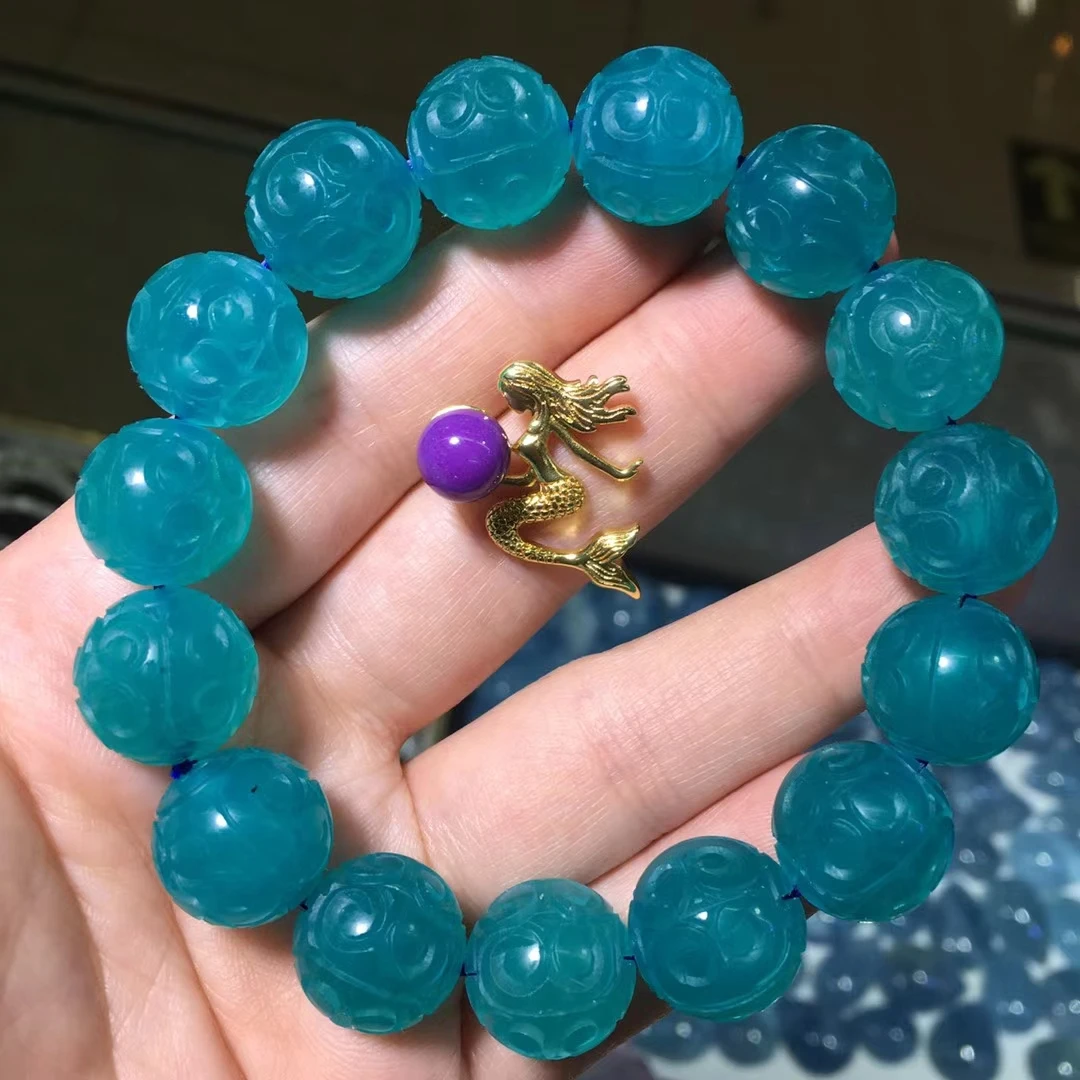 Natural Green Amazonite Clear Carved Beads Bracelet Stretch 15mm Green Amazonite Mozambique Women Fashion Stone AAAAAA