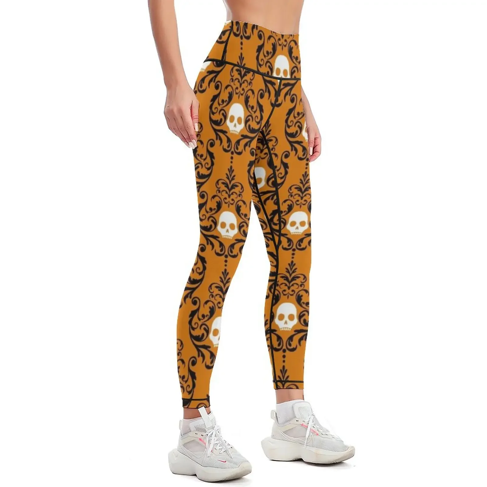 Pumpkin Orange, Spooky Black and Ghost White Halloween Skull Damask Motif Pattern Leggings Women sports Womens Leggings