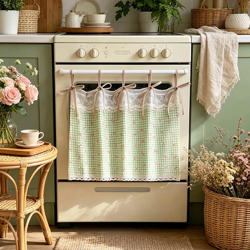 French Romantic Pink Bow&Green Grid Fabric Half Curtain Dustproof Partition Tie Top Short Curtain for Cabinets Microwave Ovens