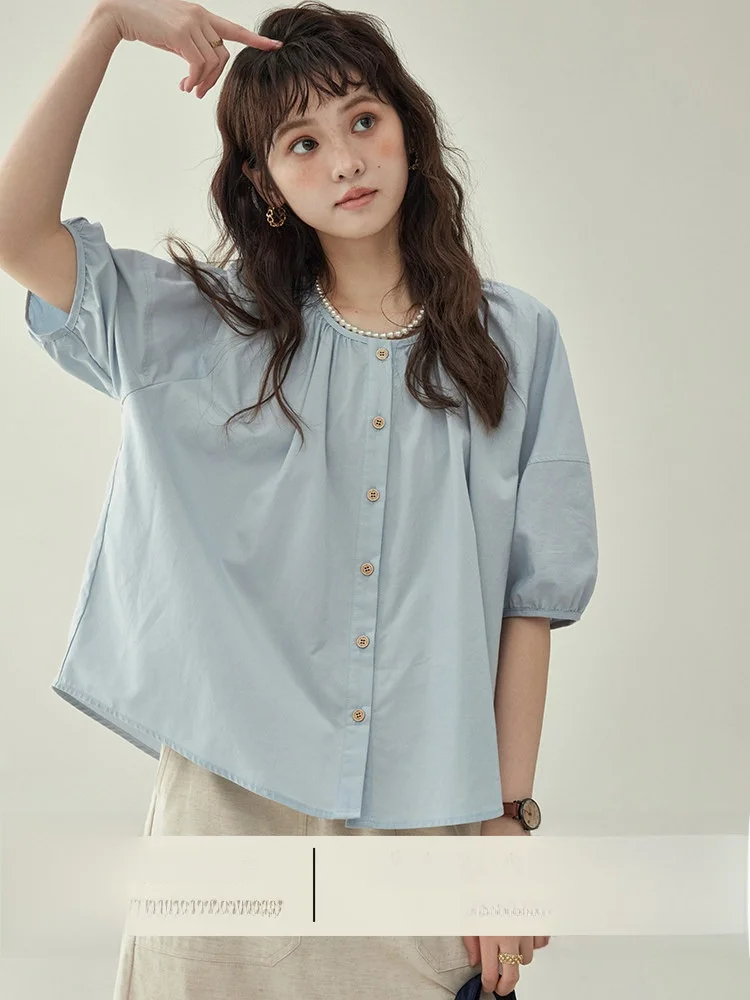 AMUU Original Japanese Style Loose Fit Blue Bubble Sleeve Shirt Women's Summer Casual round Neck Short Sleeve Top