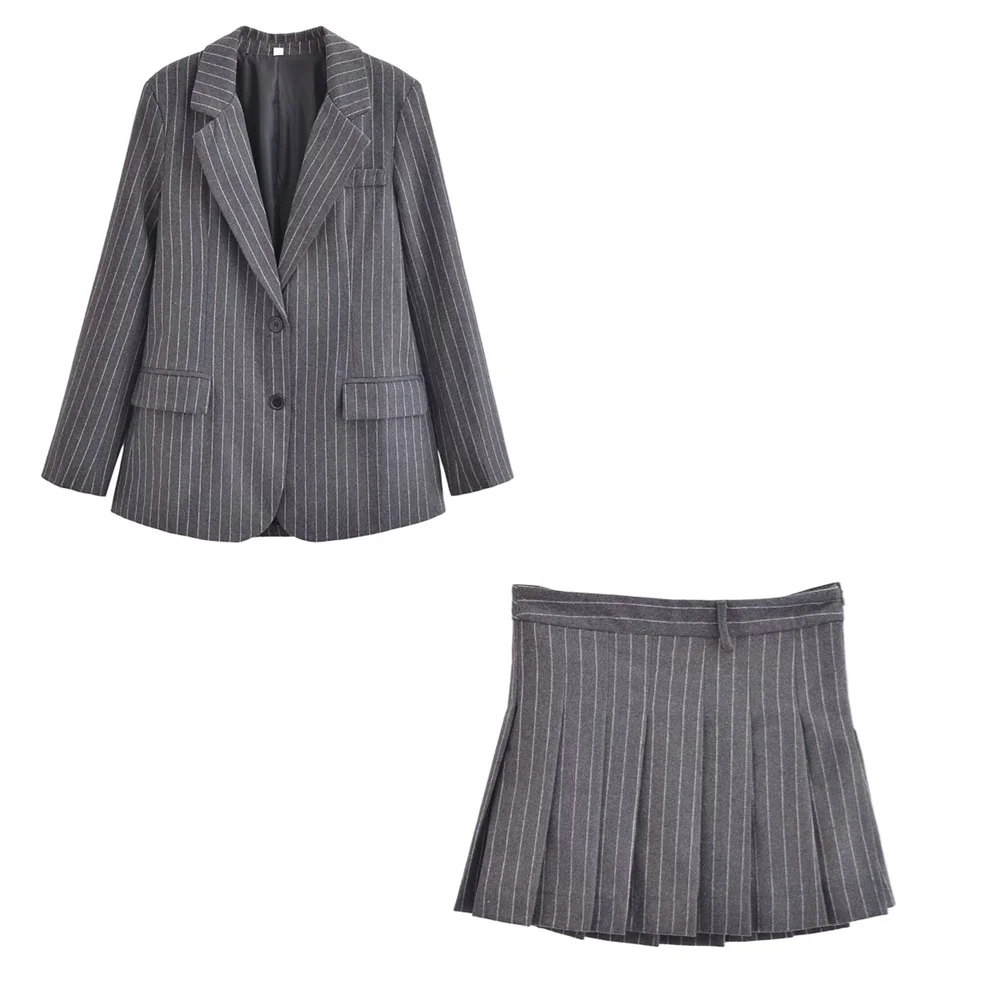 PB&ZA 2024 Spring New Women\'s Fashion and Elegance Versatile Blended Fine Stripe Suit Coat+Short Skirt Set