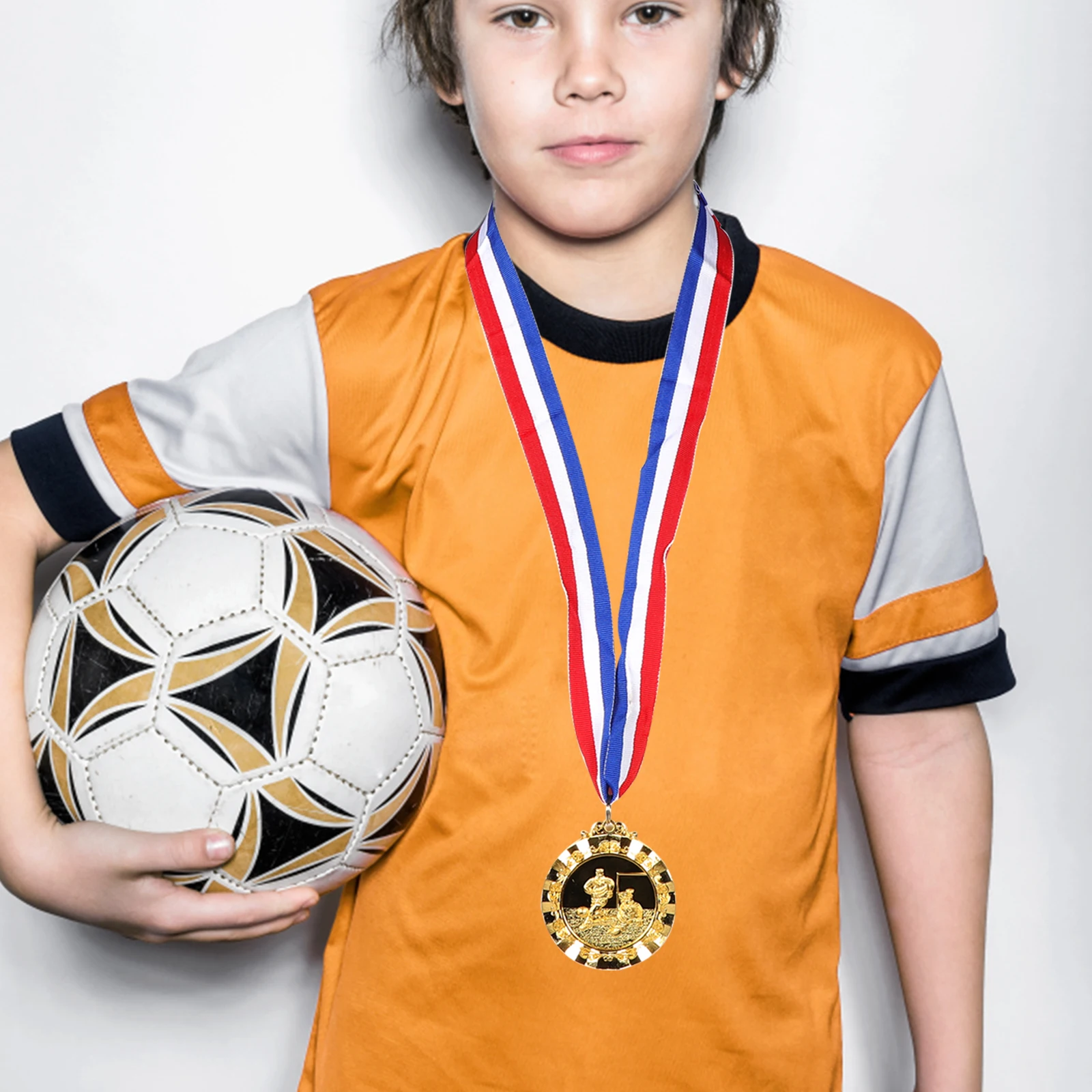 

Football Trophy Medal Zinc Alloy Soccer Necklace for Boys Gold Metal Award Ribbons Trophies Sports Competition Party for Adults