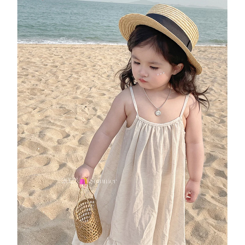 Vintage Girls Beach Dress Summer Cozy Cotton Sleeveless Strap Tutu Dress for Toddler Girls Boho Clothing Playing Clothes 1-7 Yrs