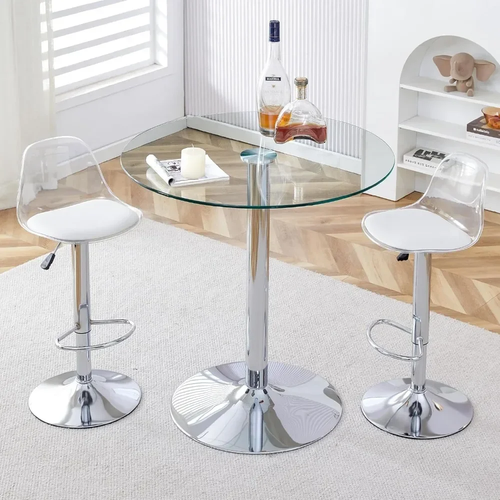 Mesa de bar, mesa y sillas circulares de cristal para 2 personas, equipada con 2 sillas giratorias ajustables sin brazos plateadas, mesa de bar