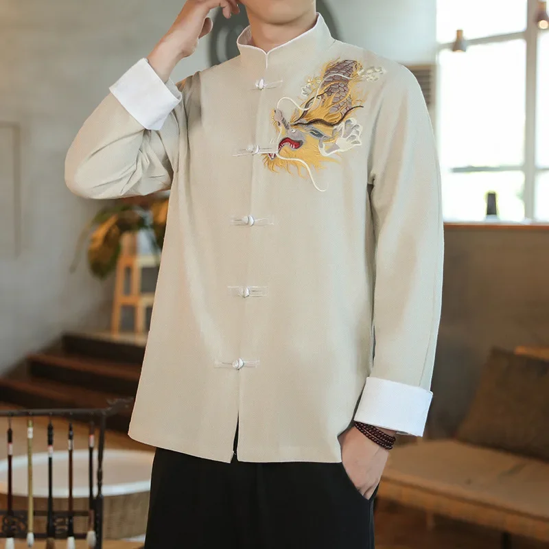 Chinoiserie Tops Traditional Chinese Hanfu Fashion Tang Suit Dragon Embroidery Shirt Loose for Men Clothing Vintage Long Sleeve