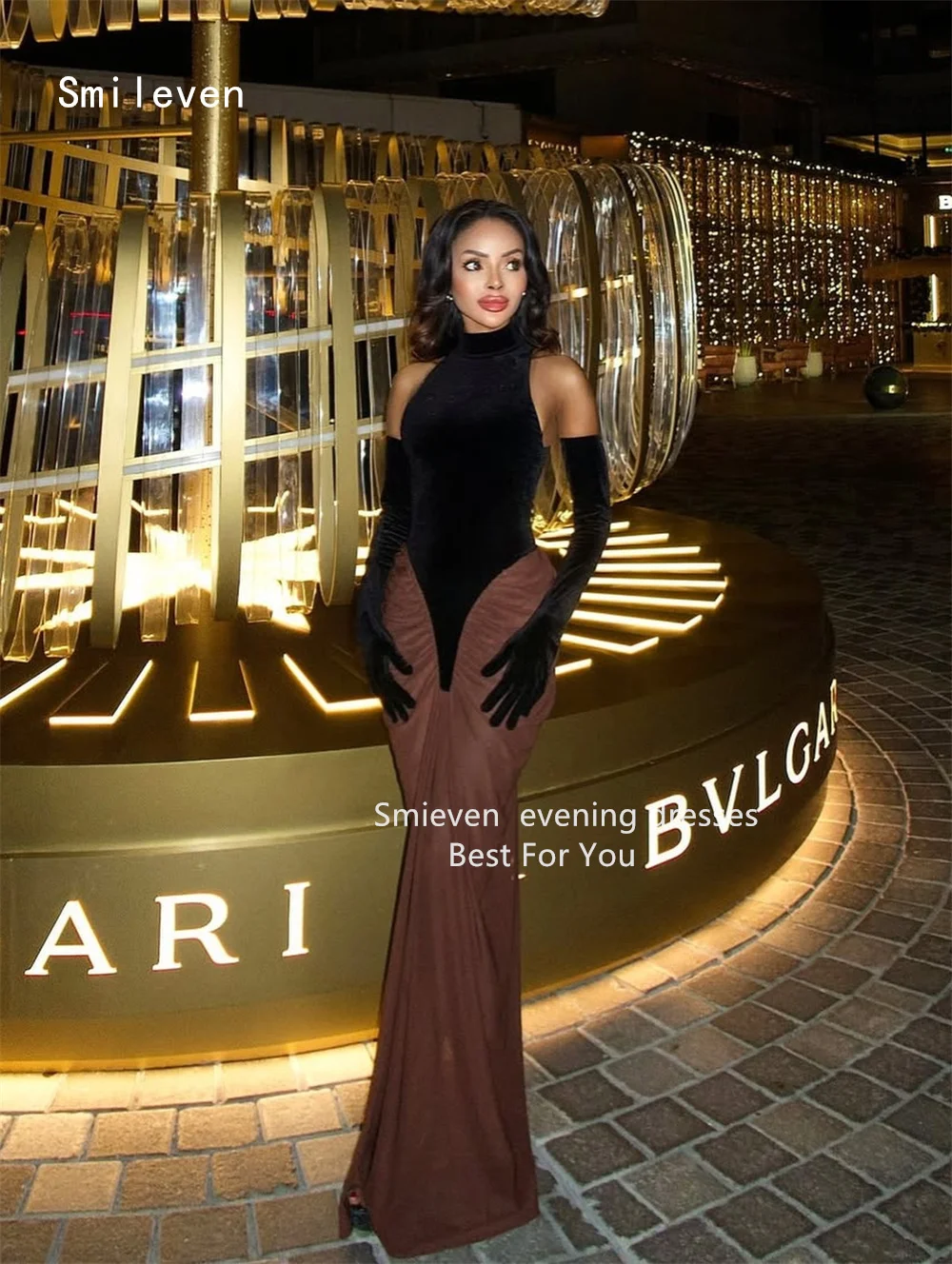 Smileven Luxury Mermaid Prom Dress Scoop Hip Hugging Party Gowns Color Contrast Pleat Velvet Occassion Dress Customized 2026
