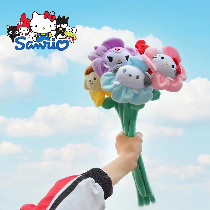 

Cute Sanrio Hello Kitty Cinnamoroll Plush Flower Cute Kuromi Melody Pochacco Soft Stuffed Pom pom Purin Perfect for Girls