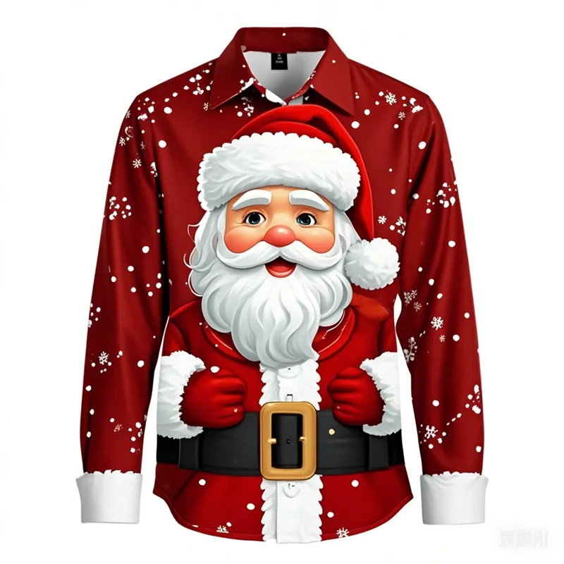3D Print Santa Claus Graphic Shirts Merry Christmas Long Sleeve Shirts For Men Casual Oversized Button Up Shirts Blouse Clothes