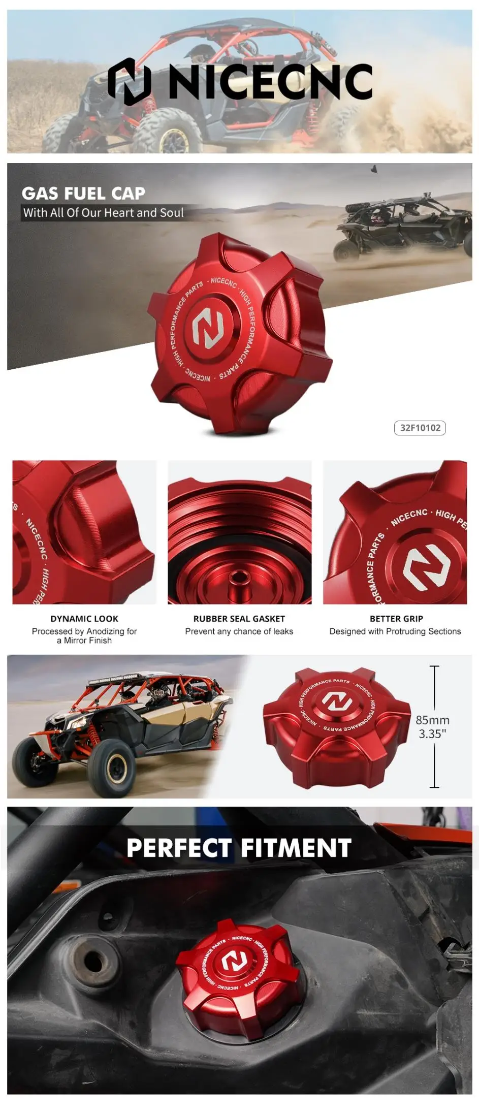 NICECNC Für Can-Am Maverick X3 MAX R Turbo DPS 2017-2024 Tankdeckel aus Aluminiumlegierung, auslaufsicher, UTV-Zubehör – Detail 1