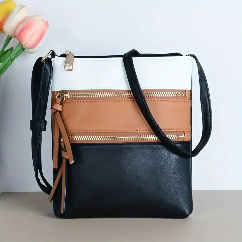 Contrast Color Square Crossbody Bag, PU Leather Textured Bag Purse, Classic Versatile Fashion Shoulder Bag For Women Daily Used