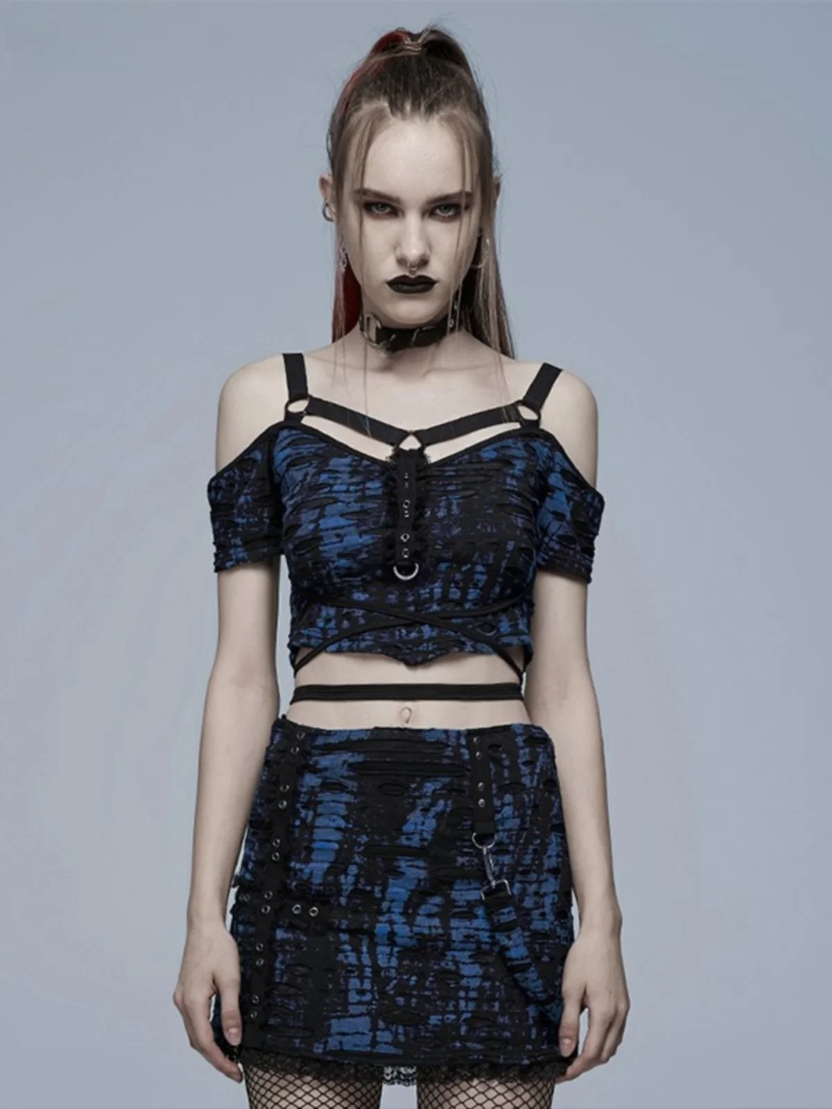 Shoulder Bared Short T Shirt Sexy Belly Button Exposure Women's Unique Design Sensation Print Neck Hanging Top Slimming Effect