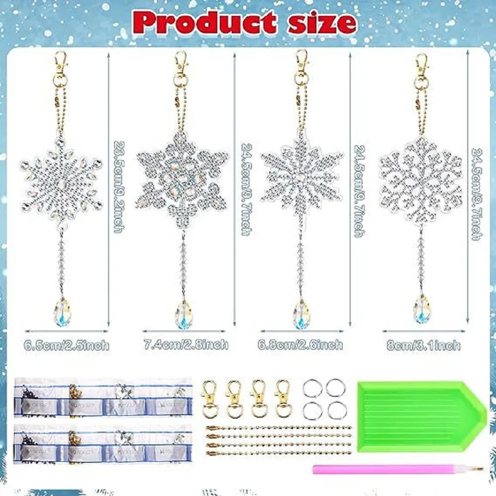 4Pcs Christmas Diamond Painting Point Drilling Crystal Wind Chimes Double-sided Snowflakes Handiwork Pendant DIY