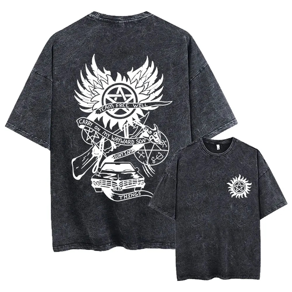 

Washed Vintage Supernatural Graphic T Shirt Men Women Gothic Rock Oversized T-shirt Casual Retro Pure Cotton T-shirts Streetwear