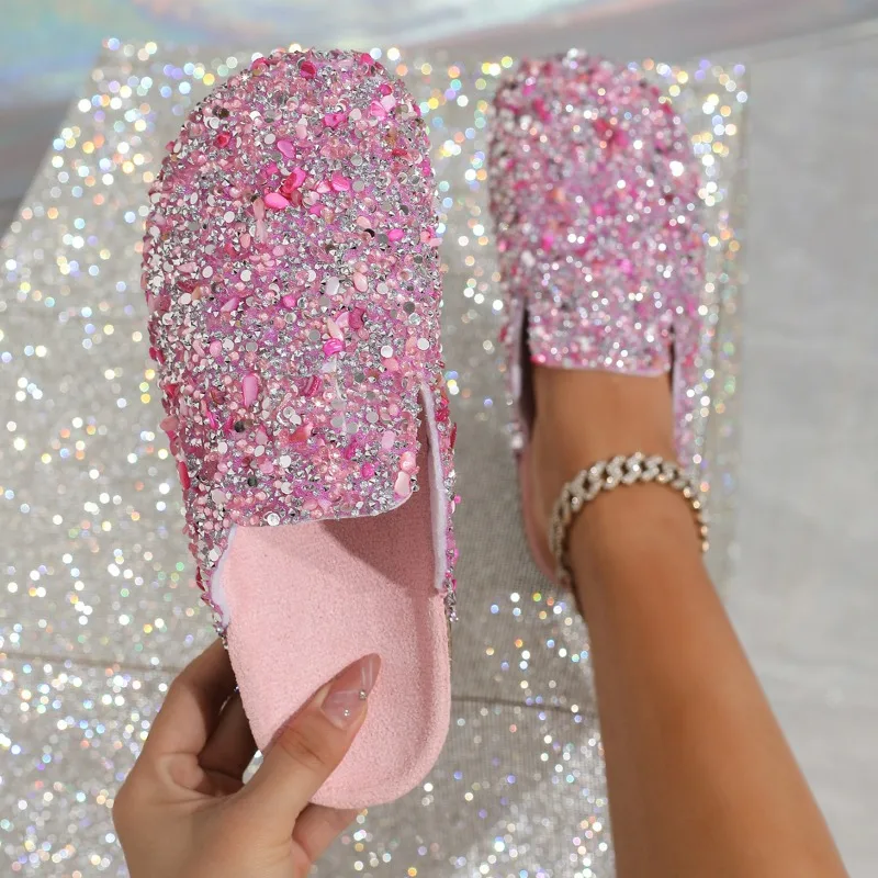 

Women's Spring and Autumn Sequined Half Slippers With Cork Toe Caps Comfortable And Casual Non Slip Flat Bottomed Sandals