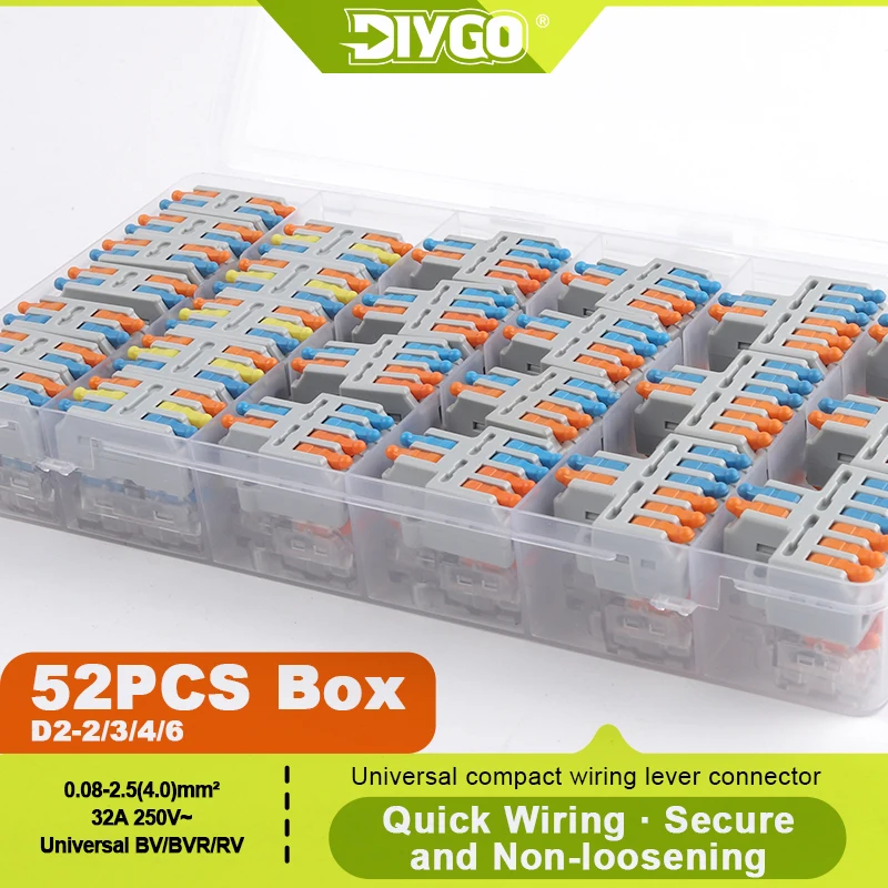 DIY GO 52PSC Boxed Mini Quick Compact Wire Connector Push in Splice Terminal Block 1 in multiple out Conductor Wiring Conector