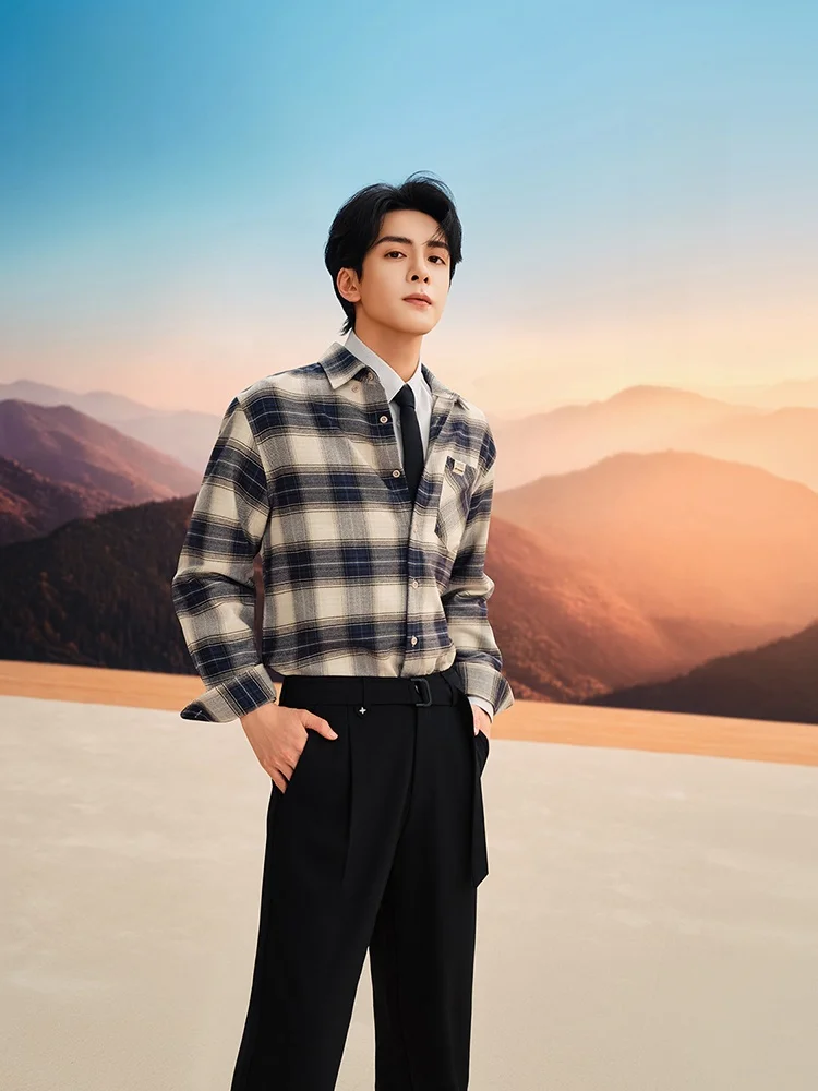Casual Long Sleeve Shirt Men's Plaid Button up Shirt Standard Fit Autumn Season HLA Sea Hem Home Zeng Shunxi Water Washed Pol...
