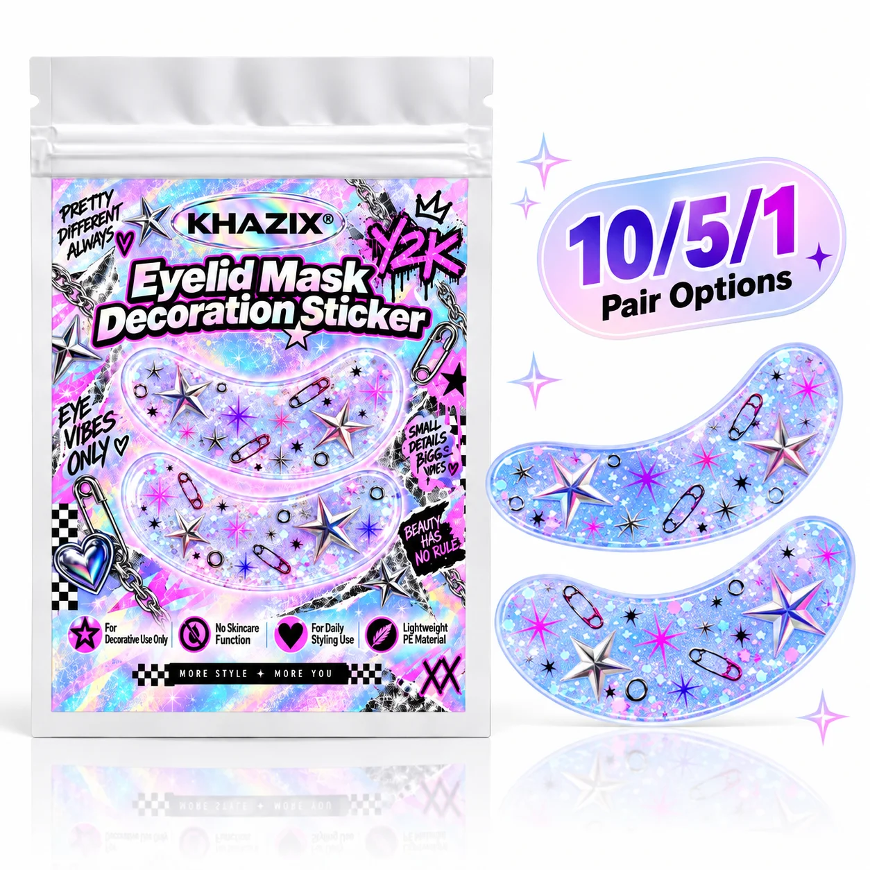 10/5/1 Pairs Blue Y2K Under-Eye Stickers, Holographic Star & Safety Pin Decorative Eye Patches for Halloween Party Makeup