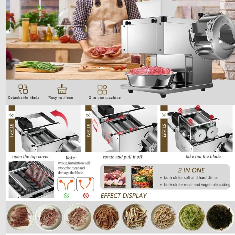 Buruimu Fatiador de carne comercial de mesa compacto de aço inoxidável Máquina de corte de carne Faca removível