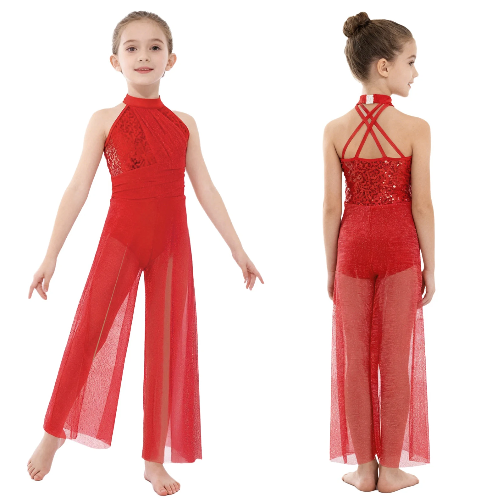 Kinderen Meisjes Ballet Lyrische Dansvoorstelling Unitards Jumpsuit Kostuum Glanzende Pailletten Lijfje Glanzende Mesh Split Wijde Pijpen bodysuit - afbeelding 2