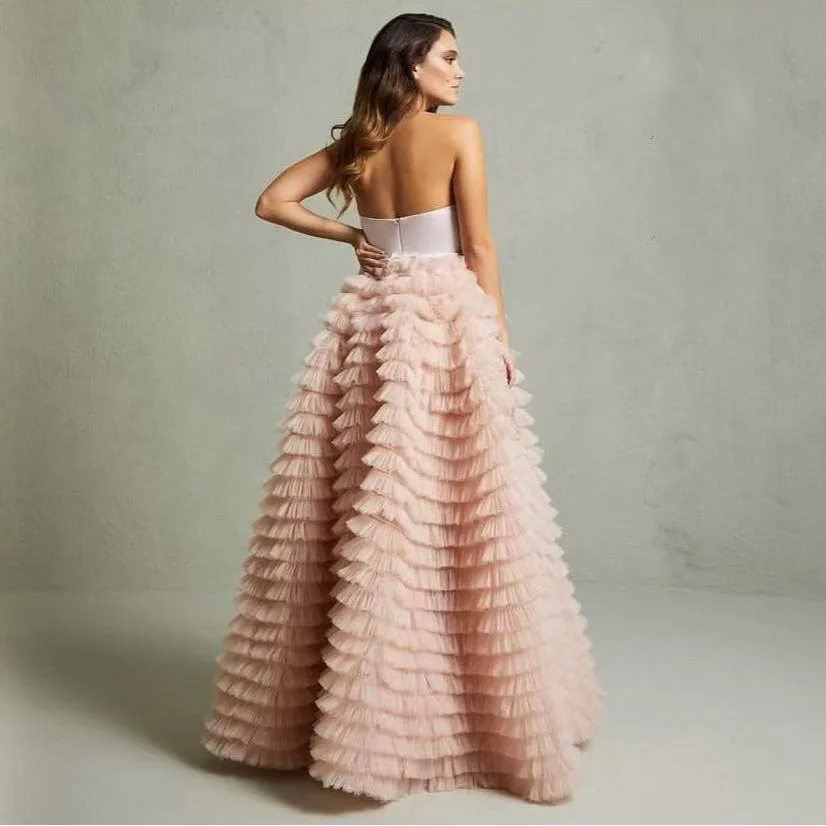 Pretty Dresses Women Tierred Off Shoulder Embellished Sweetheart Prom Gowns Tulle Pink A line Party Dress Crystals Beading