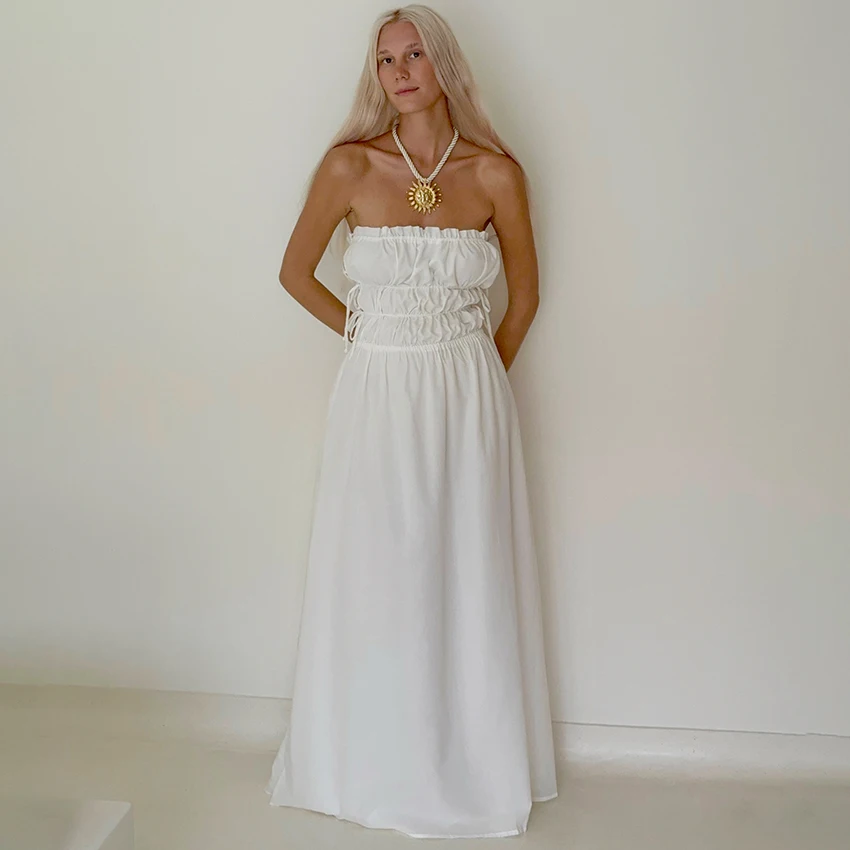 

Linad Elegant Off The Shoulder White Long Dress For Women 2025 Pleated Holiday Dresses Sexy Lace Backless A Line Dress Casual