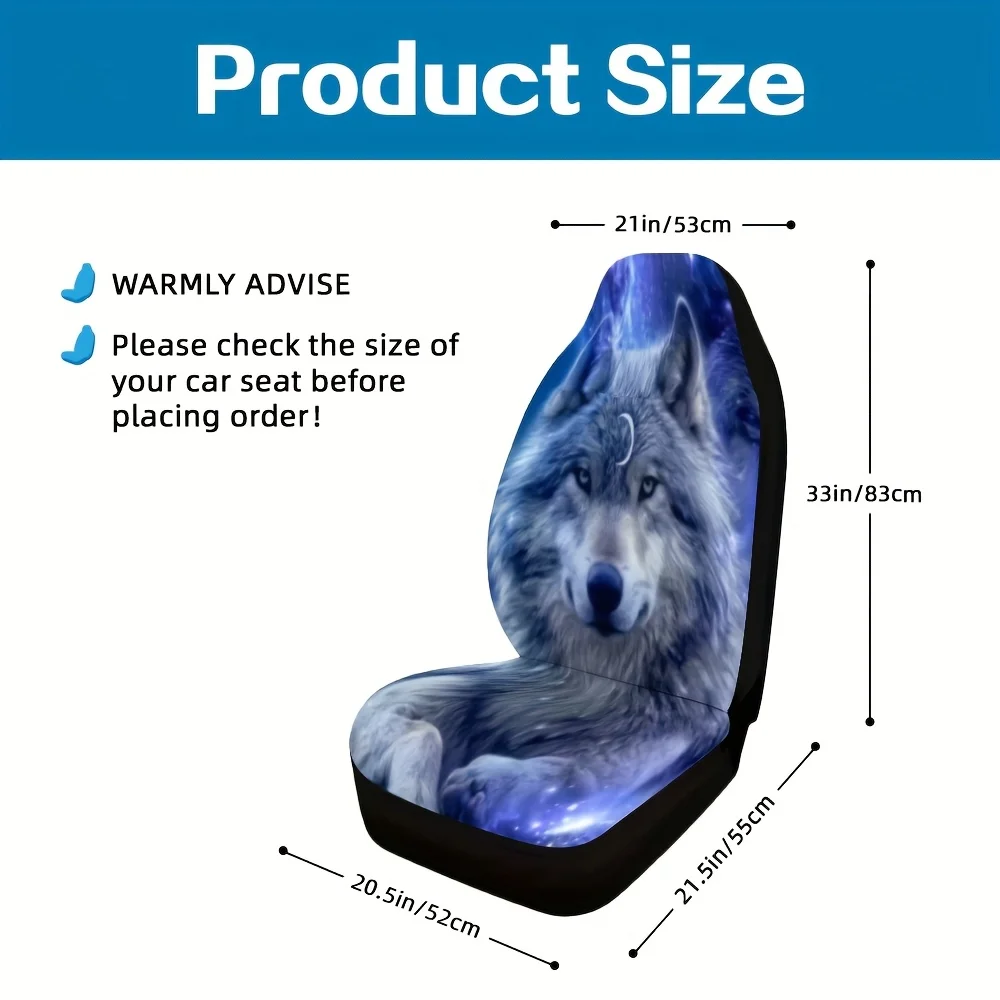 2pcs Wolf Moon Animal Portrait Front Seat Covers - Stylish & Design, Comfortable Polyester Fiber, Machine Washable, Perfect Gift