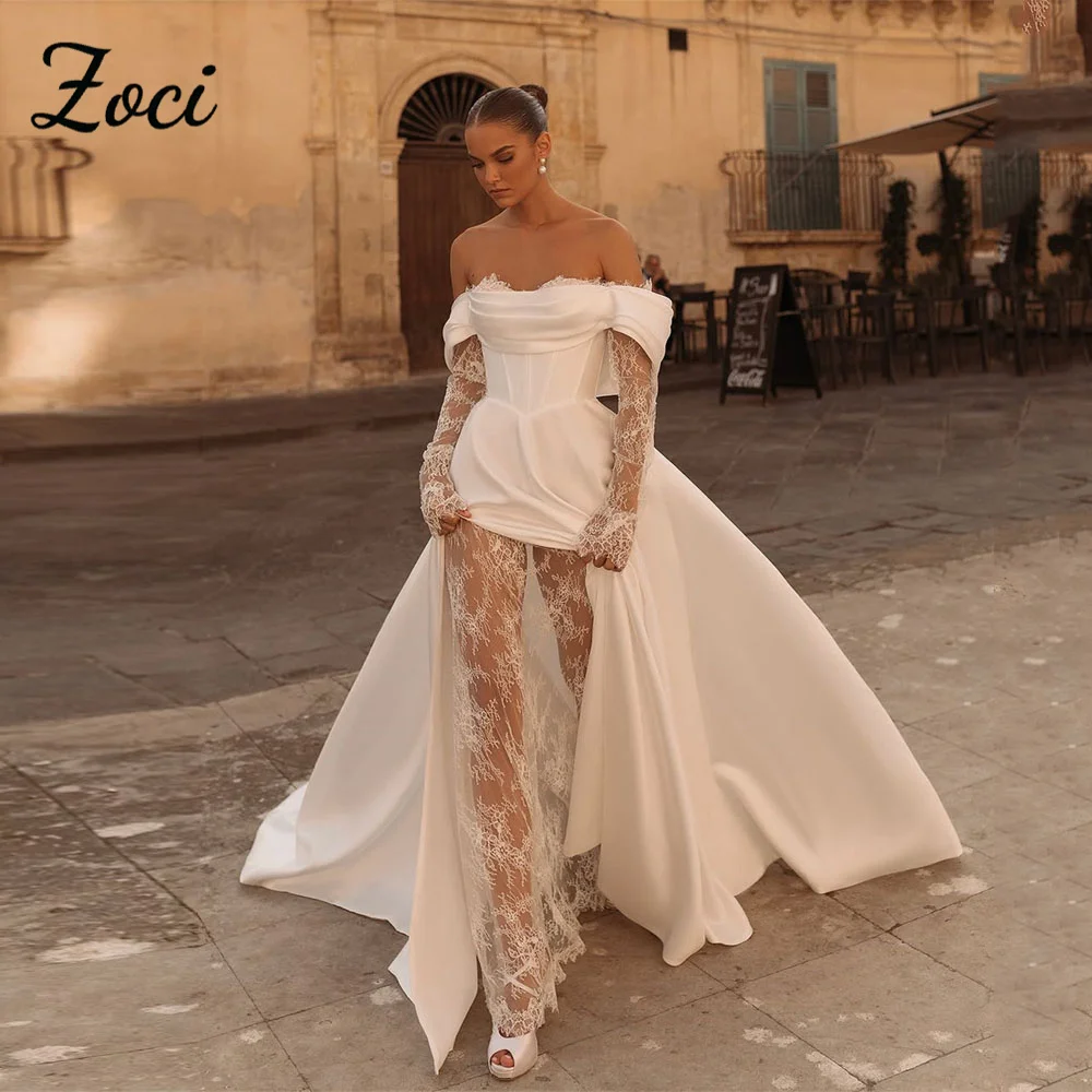 

Zoci Modern Sweetheart Wedding Dresses Off Shoulder Long Sleeves Satin Lace Bride Dress Customized High Side Split Bridal Gown