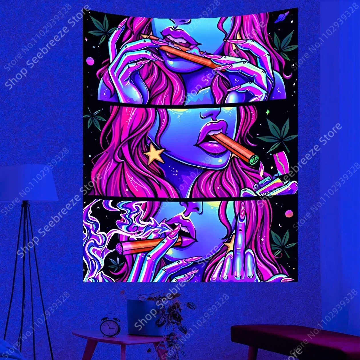 Tapiz reactivo UV para chica fumadora, tapices psicodélicos Hippie, arte estético Kawaii, colgante de pared, decoración de dormitorio, decoración de fiesta