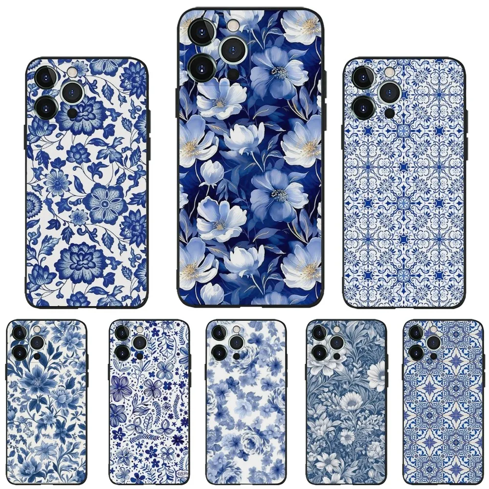 

Blue and white print Phone Case For iPhone 16,15,14,13,12,11,Plus,Pro Max,XS,X,XR,SE,Mini,8,7 Soft Silicone Black Cover