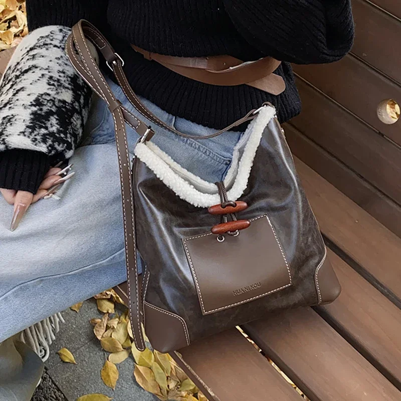 New Luxury PU Leather Furry Designer Women Lady Office Worker Shoulder Bag Woman Female Totes Handbag Purse Hobos Crossbody Bag