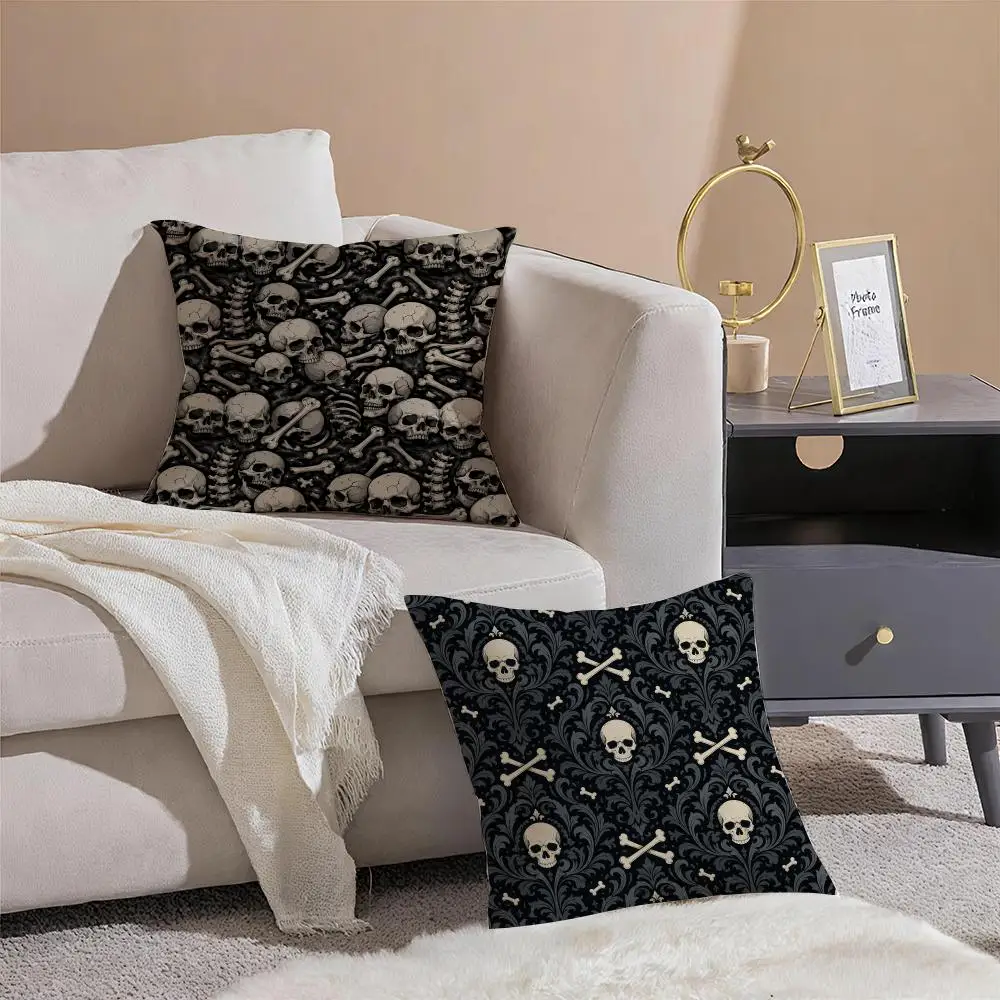 Halloween Skull & Bones Pattern Cushion Cover Throw Pillow Cover Hidden Button Durable Polyester Chair Cushion