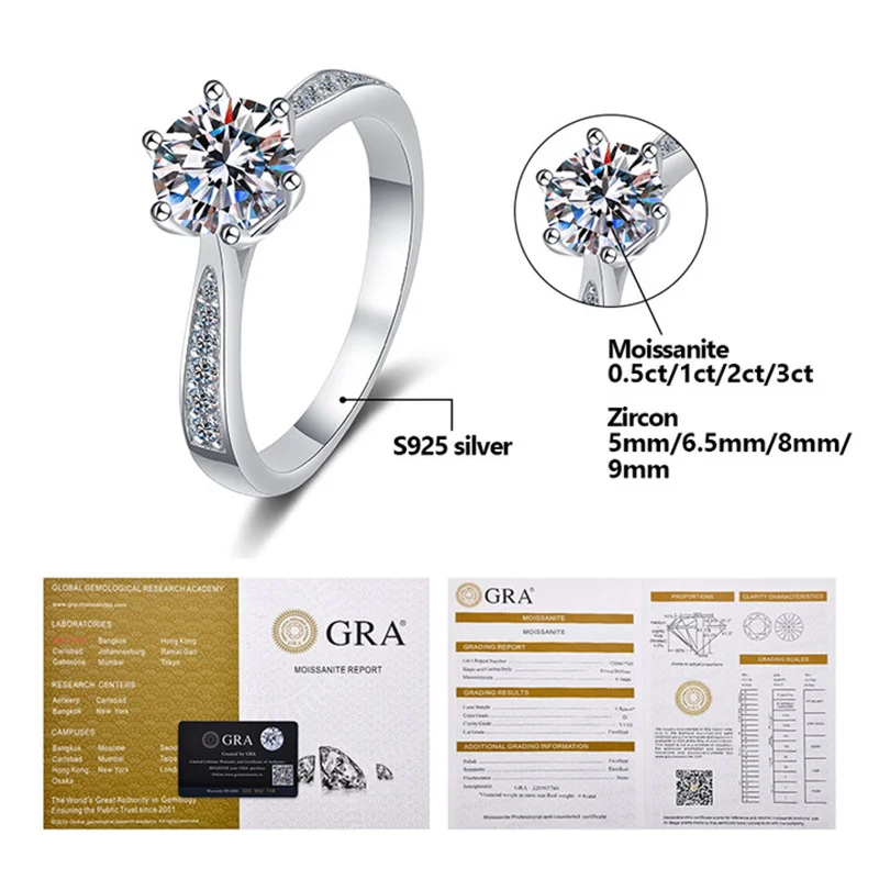 

1 Carat Moissanite Ring S925 Real Silver for Women D Color Six-claw Setting with Certificate Shine Zircon Jewelry Anillos Retro