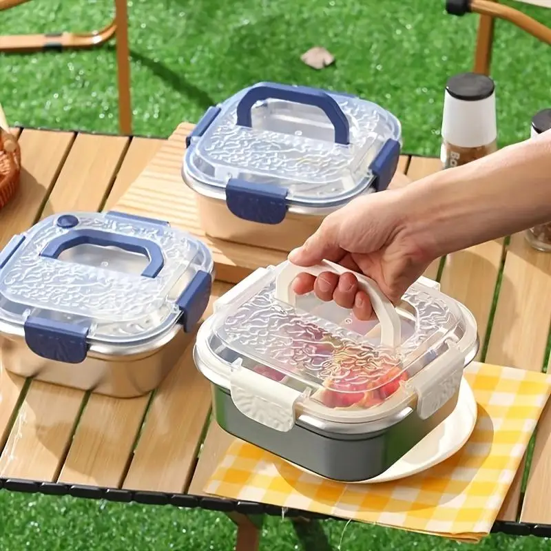 Large Capacity Stainless Steel Food Storage Container Portable Square Picnic Lunch Box with Sealed Lid for Outdoor Family Dinner