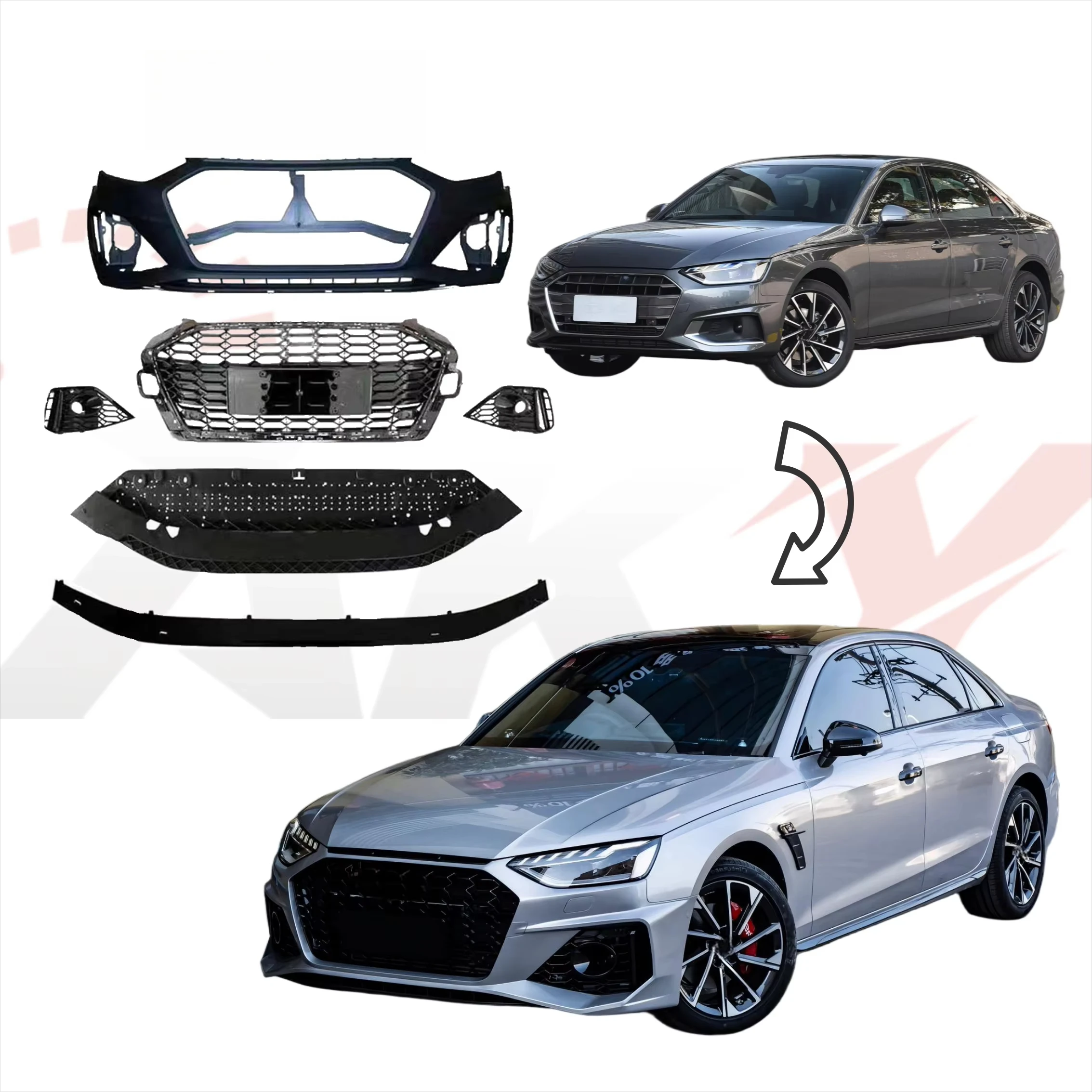 

New Arrived for A4 B9 2021+ Upgrade to A4 RS4 Style Facellift Car Front Bumper Grille Lip Easy Insatlltion 1:1 Fitment