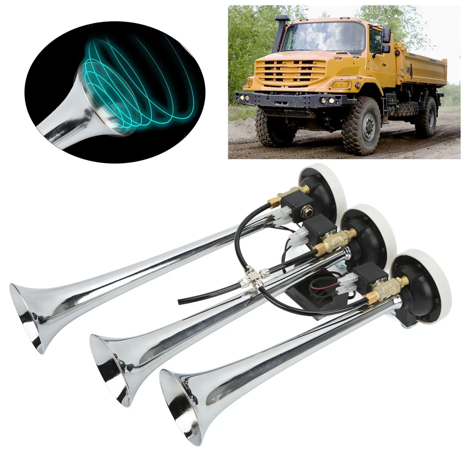 

3 трубы воздушный гудок 6 мелодий хромированный 305/342/385x79 мм 12 В/24 В для автомобилей, грузовиков, яхт хромированный гудок 3 воздушный гудок